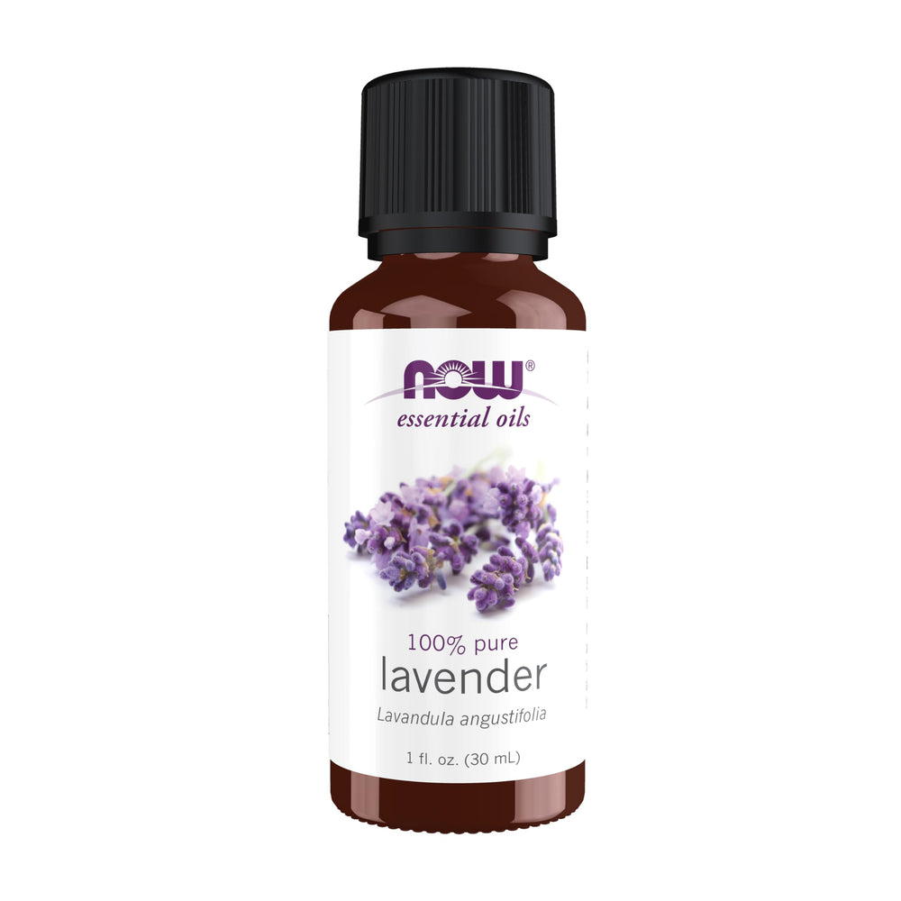 NOW Foods Lavender Oil bottle 1oz with pure floral aroma for relaxation.