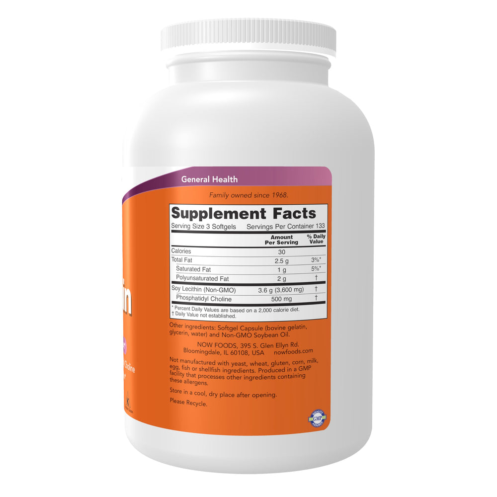 NOW Foods Lecithin 1200 mg label closeup highlighting phosphatidylcholine content