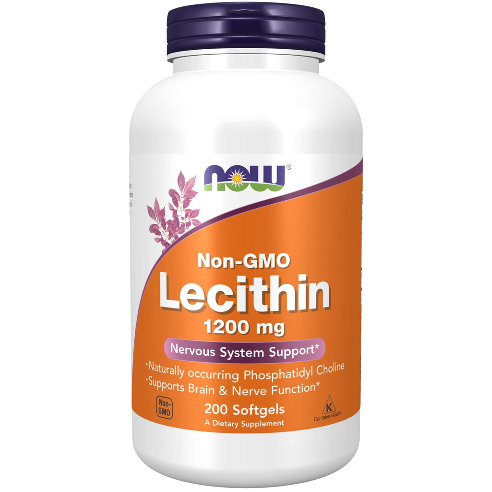 NOW Foods Lecithin 1200 mg softgels bottle highlighting phosphatidylcholine for brain support.