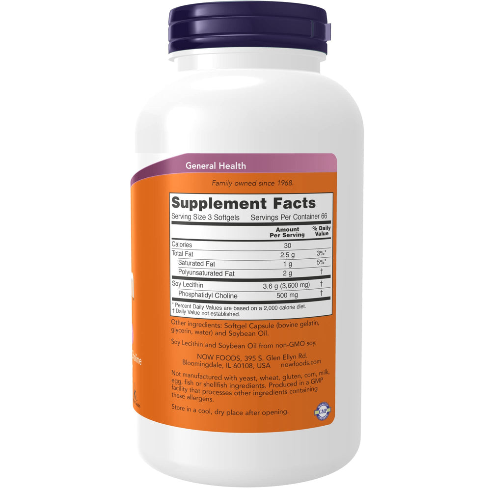 NOW Foods Lecithin softgels close-up of capsules and label.