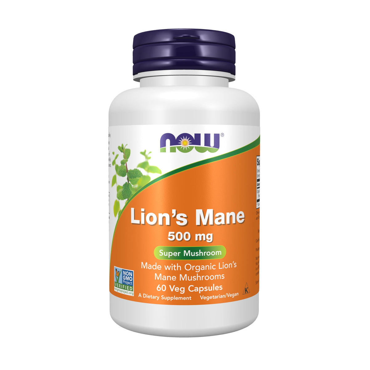 NOW Foods Lions Mane bottle closeup highlighting organic mushroom capsules for daily wellness
