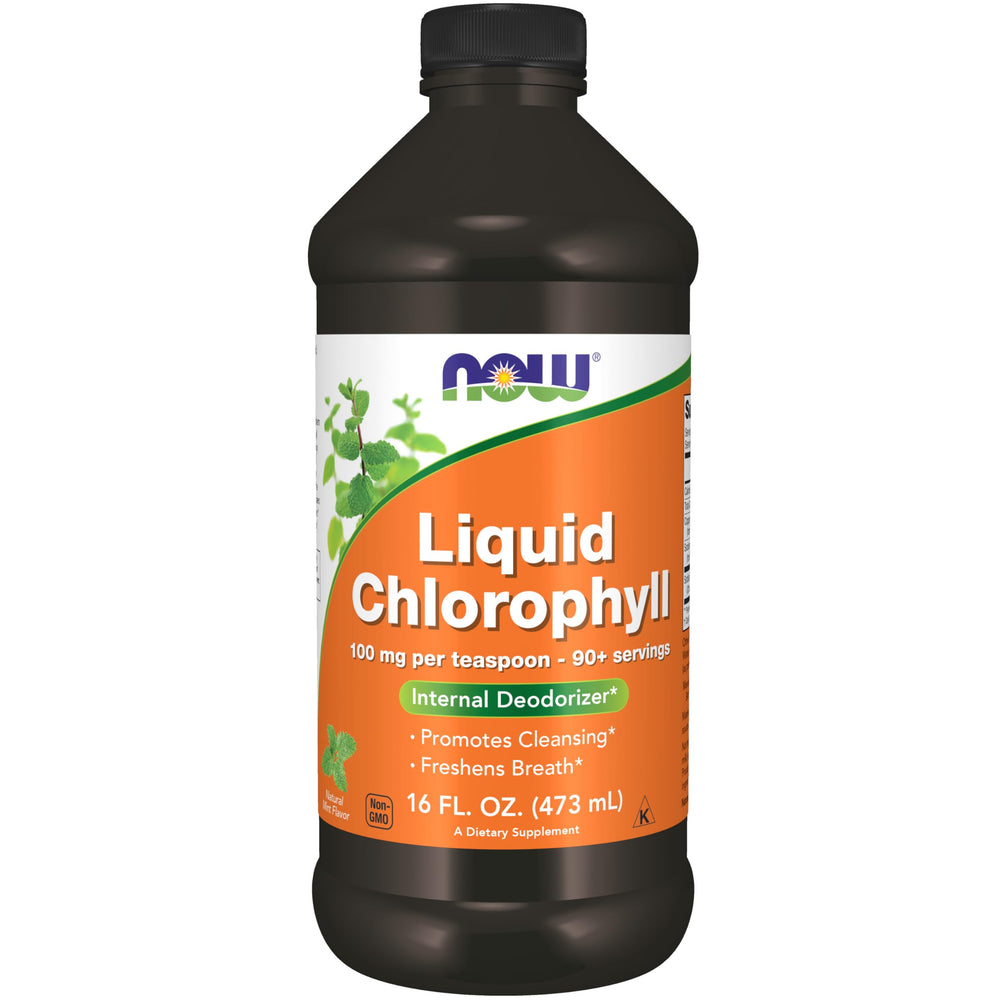 NOW Foods liquid chlorophyll bottle with refreshing mint flavor for daily hydration.