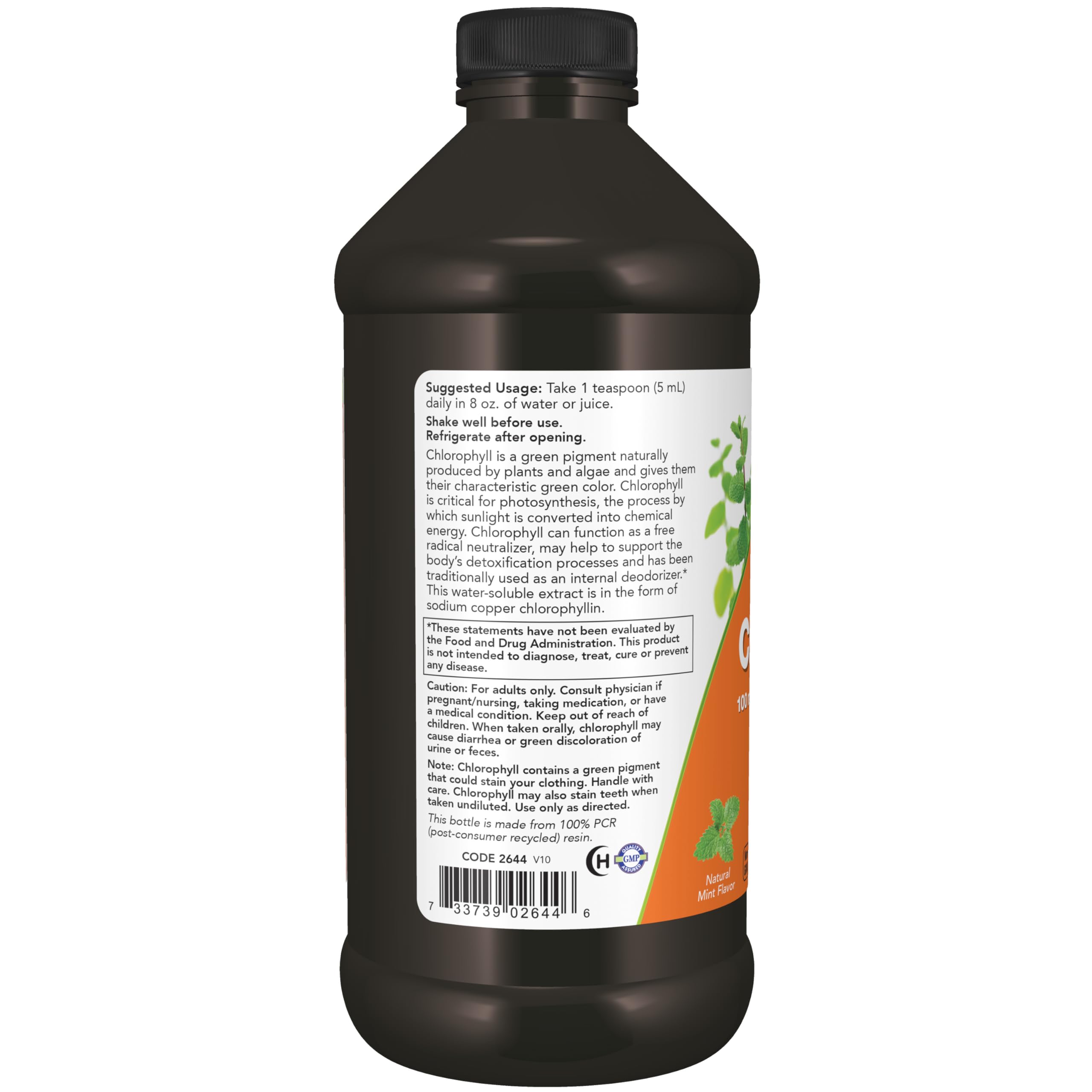 NOW Foods mint flavored chlorophyll drink in a glass of water.