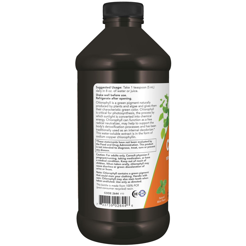 NOW Foods mint flavored chlorophyll drink in a glass of water.