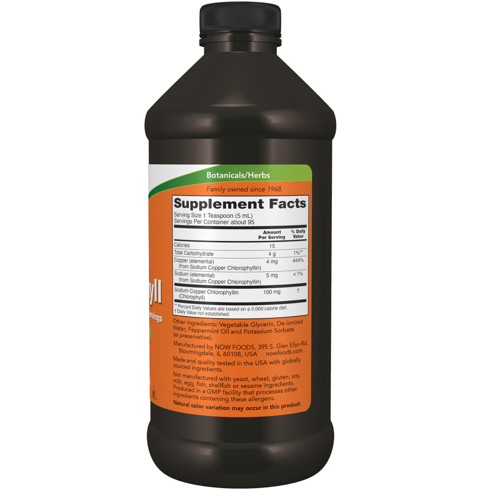 NOW Foods liquid chlorophyll poured into water for easy mixing.