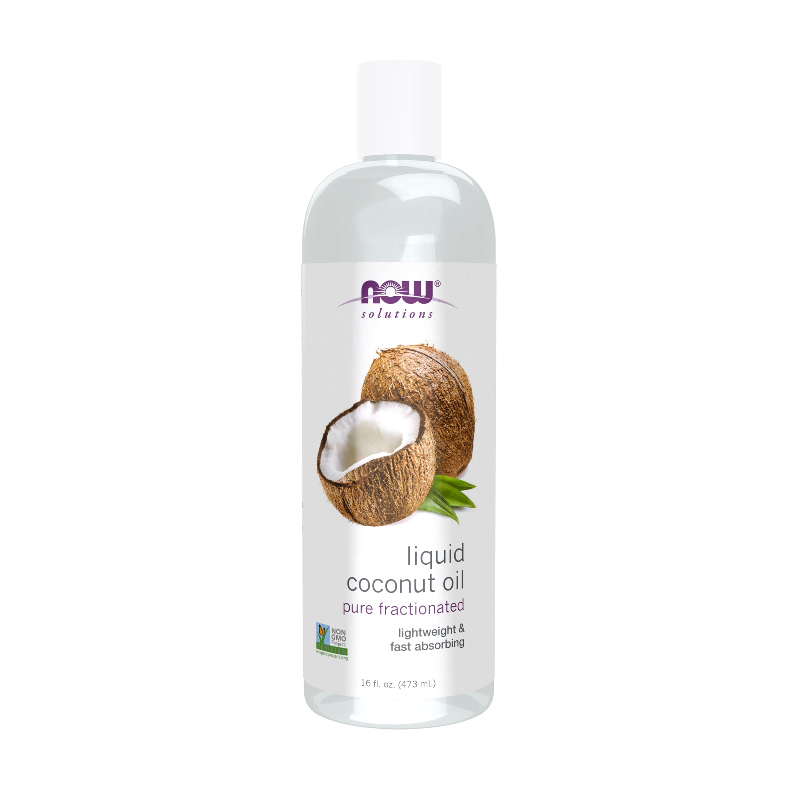 NOW Foods Liquid Coconut Oil bottle shows a light, non-greasy finish for skin and hair
