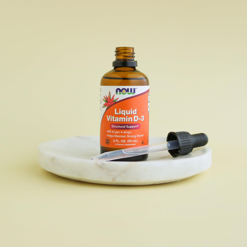 NOW Foods D-3 product with non-GMO, halal, kosher, soy-free certifications.