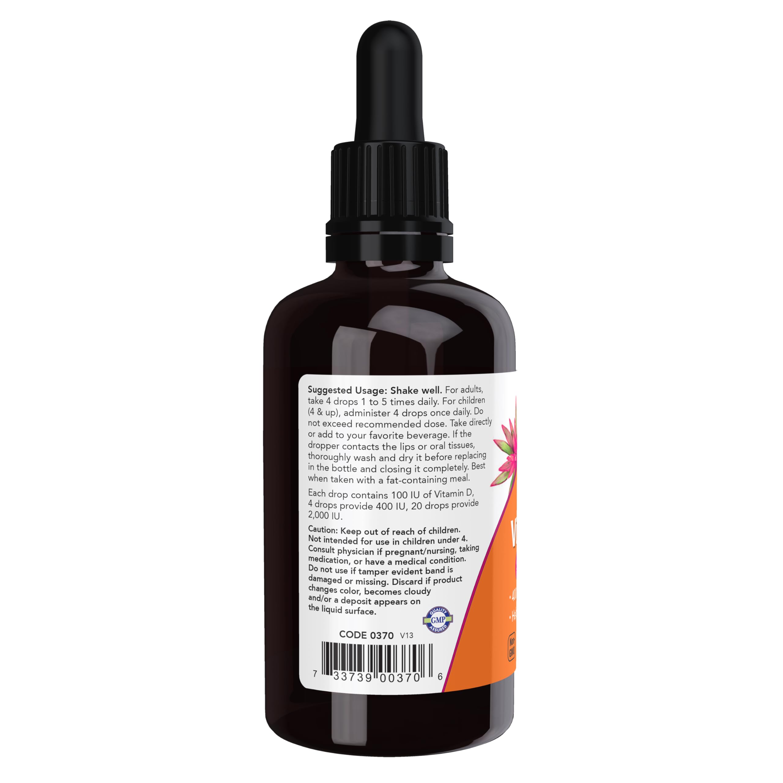 NOW Foods Liquid Vitamin D-3 dropper dispensing precise dose for adults.