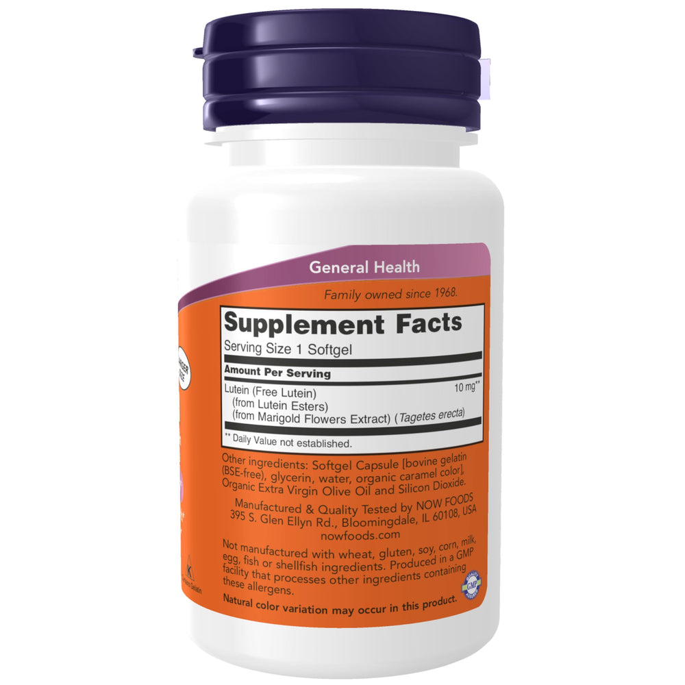 NOW Foods Lutein softgel closeup highlighting easy-to-swallow capsules for eye support.