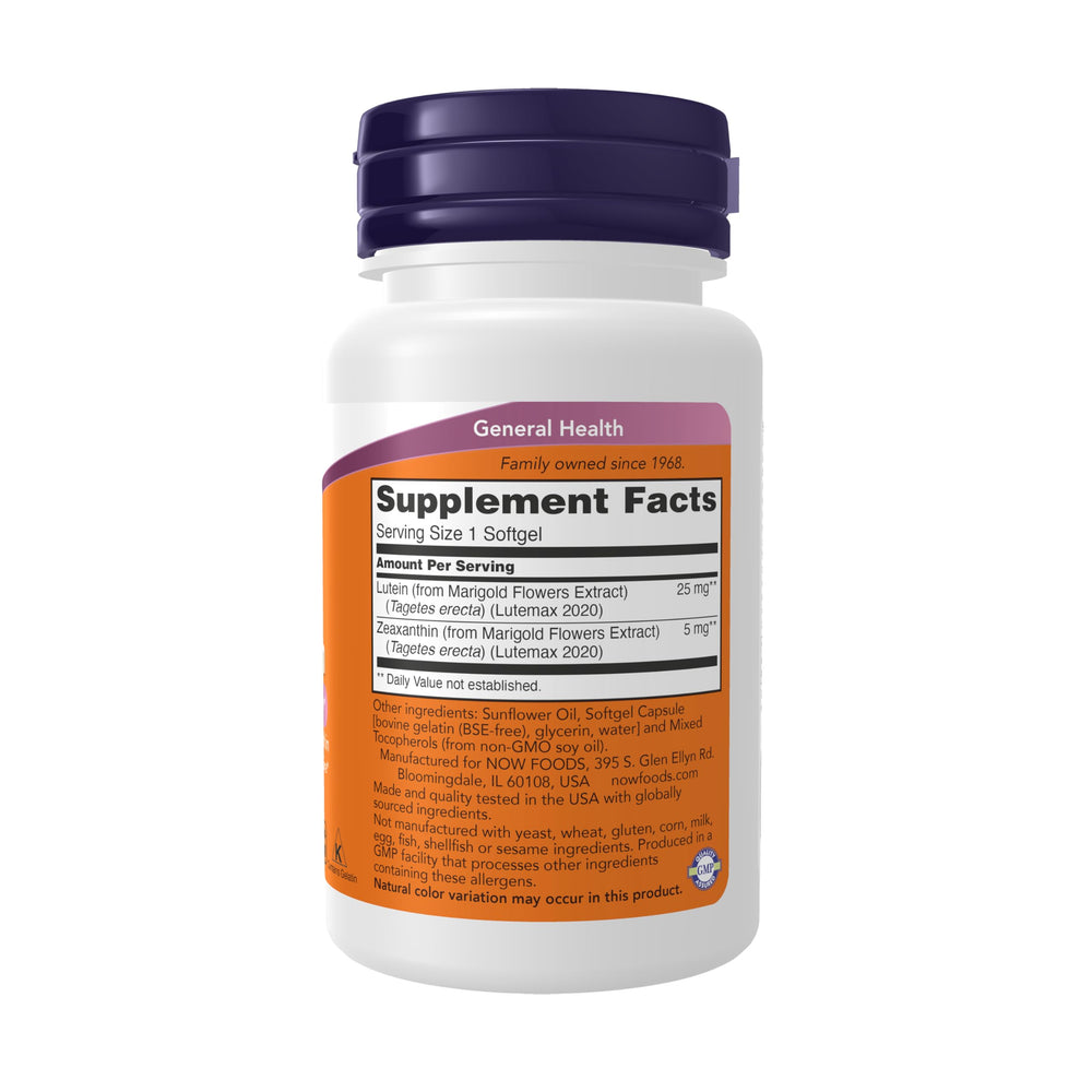 NOW Foods label close-up shows 25 mg lutein and 5 mg zeaxanthin dosage