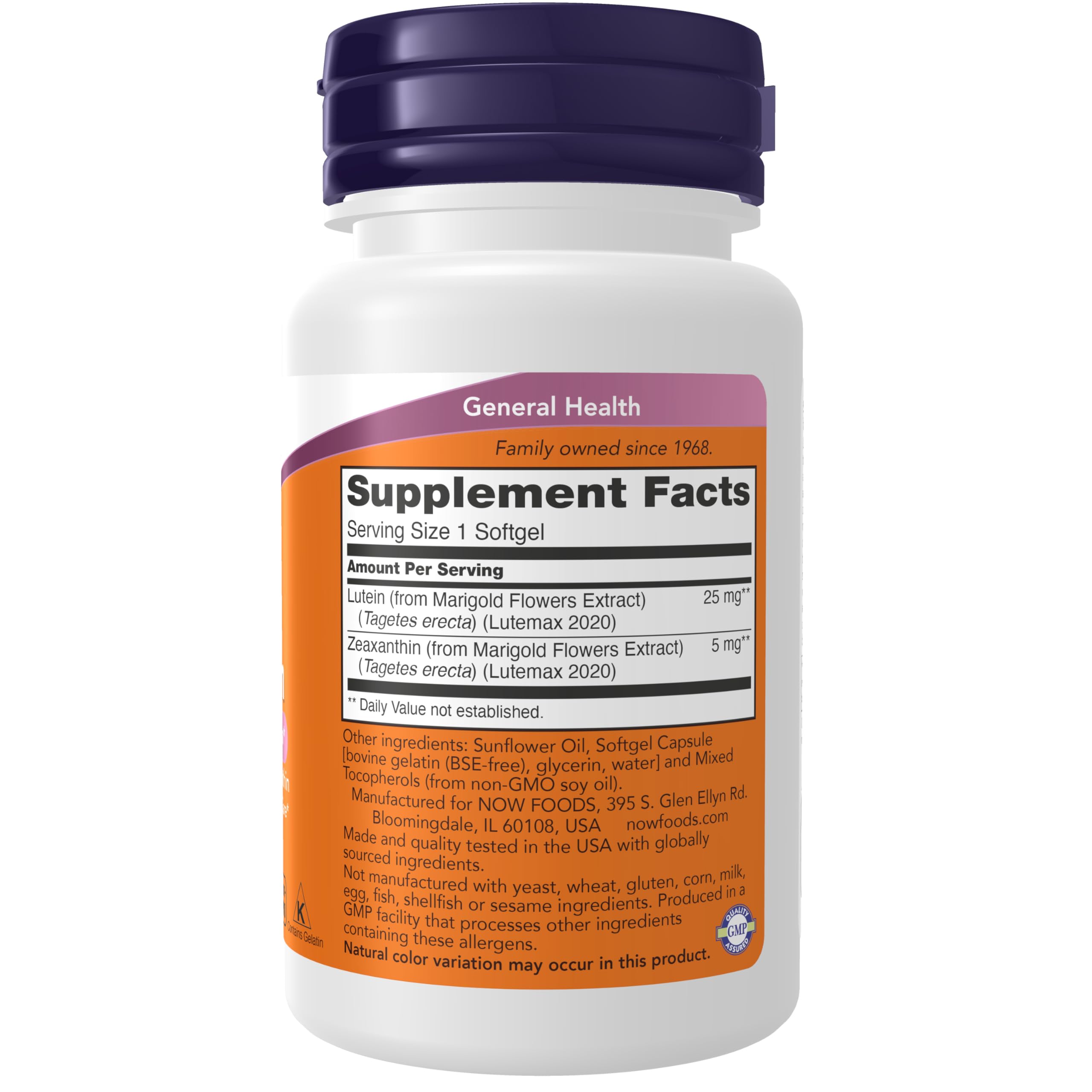 NOW Foods Lutein & Zeaxanthin softgels close-up highlighting blue light protection.