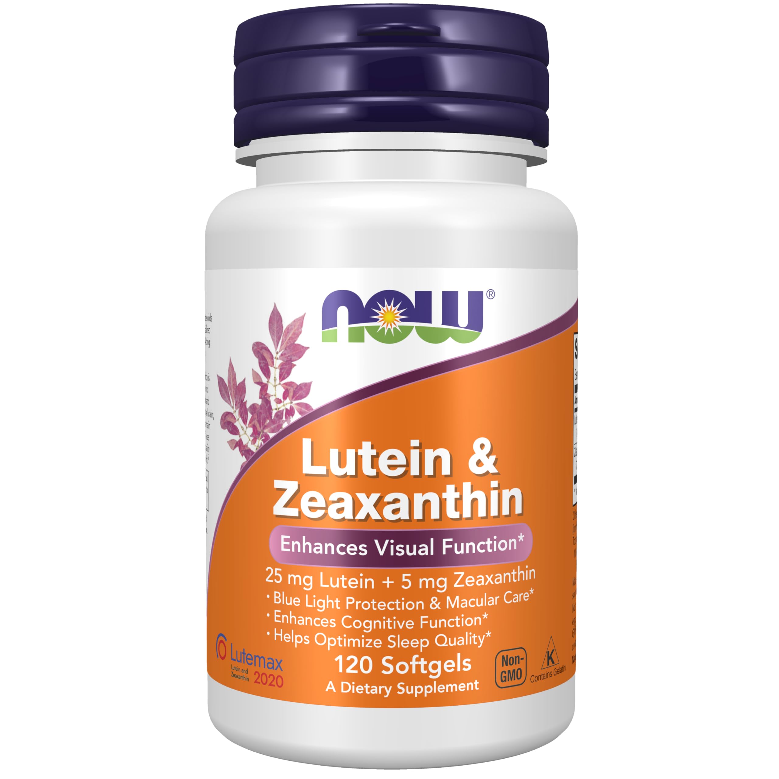 NOW Foods Lutein & Zeaxanthin softgels bottle for blue light protection and eye wellness.