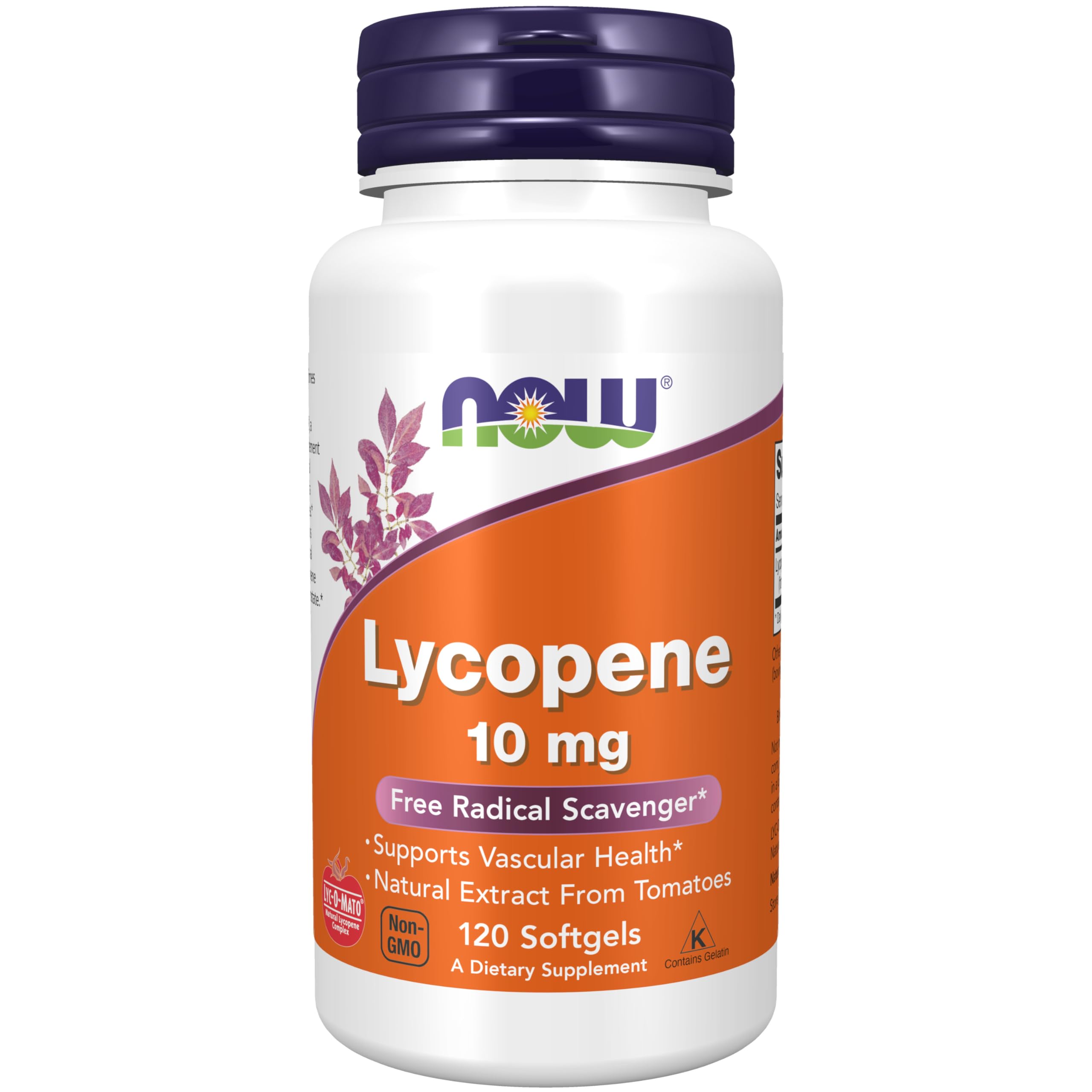 NOW Foods Lycopene softgels bottle with tomato extract for vascular support