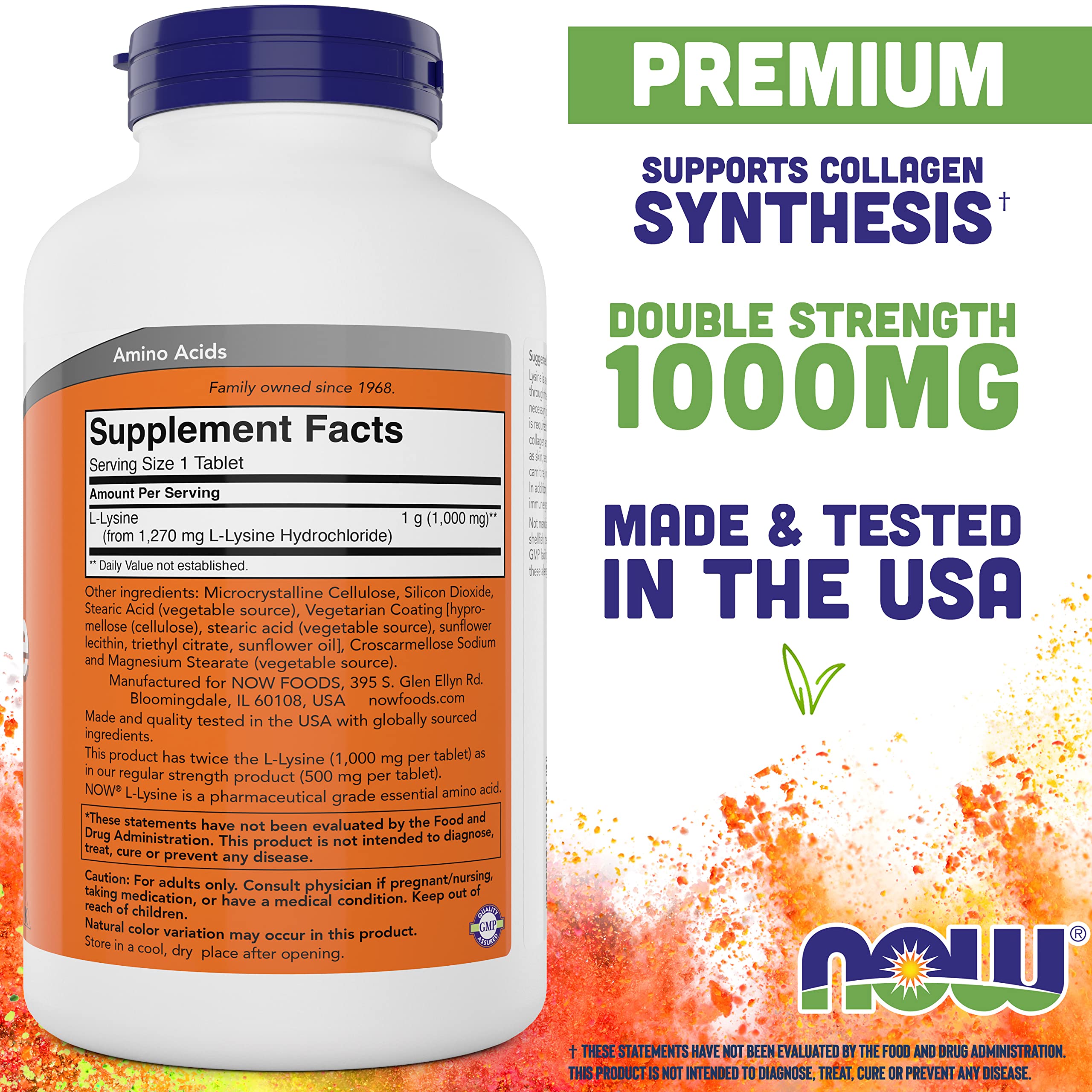 NOW Foods L-Lysine 1000mg tablet close-up, pressed lysine powder quality