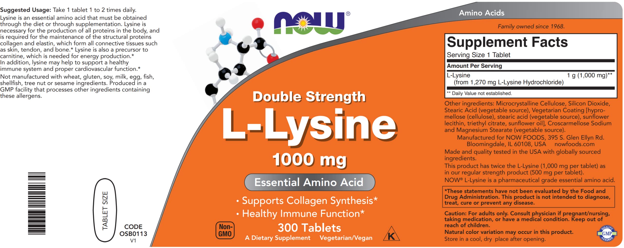 NOW Foods L-Lysine 1000mg tablets packaging, kosher and vegan-friendly