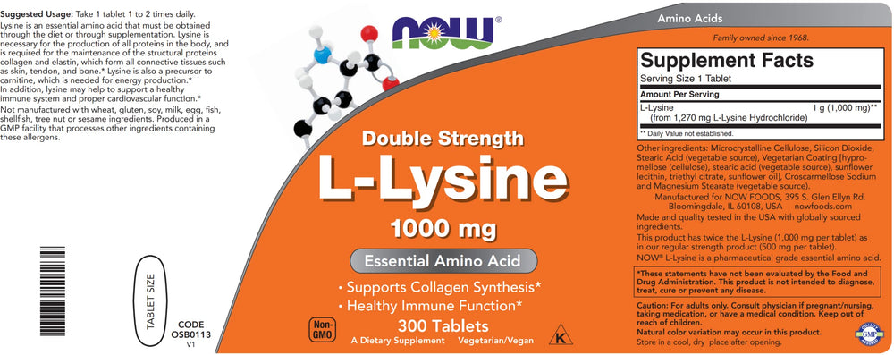 NOW Foods L-Lysine 1000mg tablets packaging, kosher and vegan-friendly