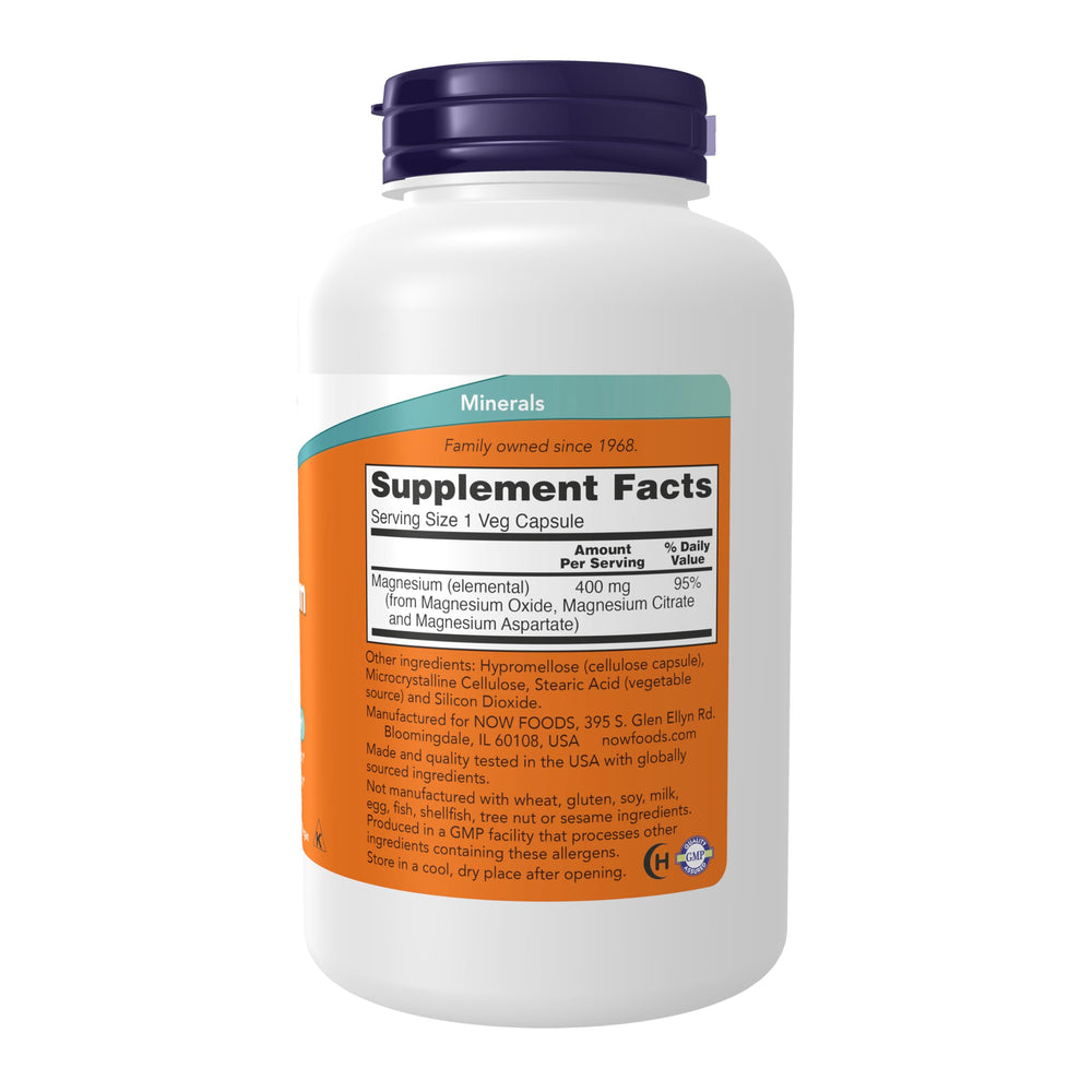NOW Foods Magnesium 400 mg capsules close-up signals nervous system support.