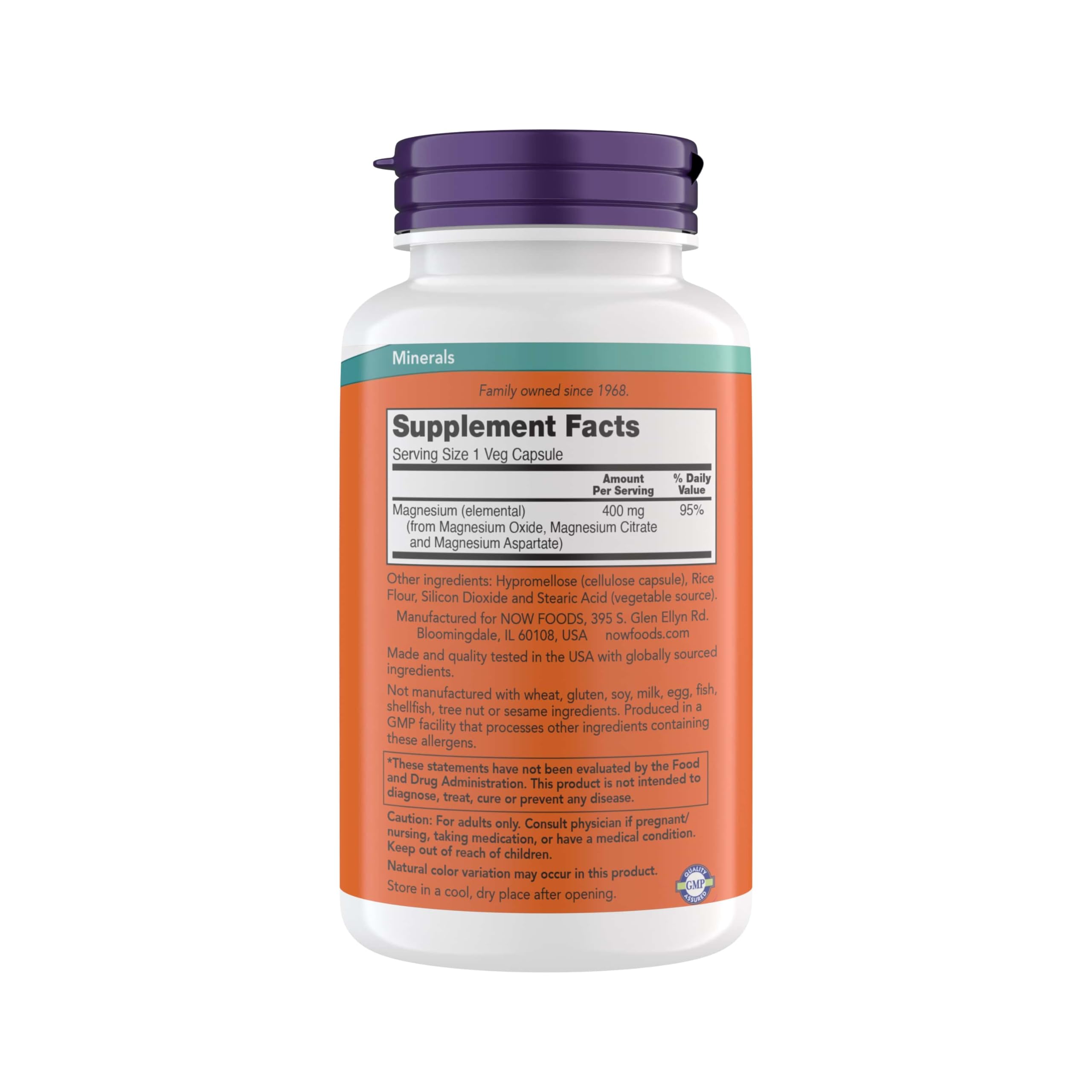Now Foods magnesium 400 mg capsules closeup highlighting vegan capsules and enzyme support