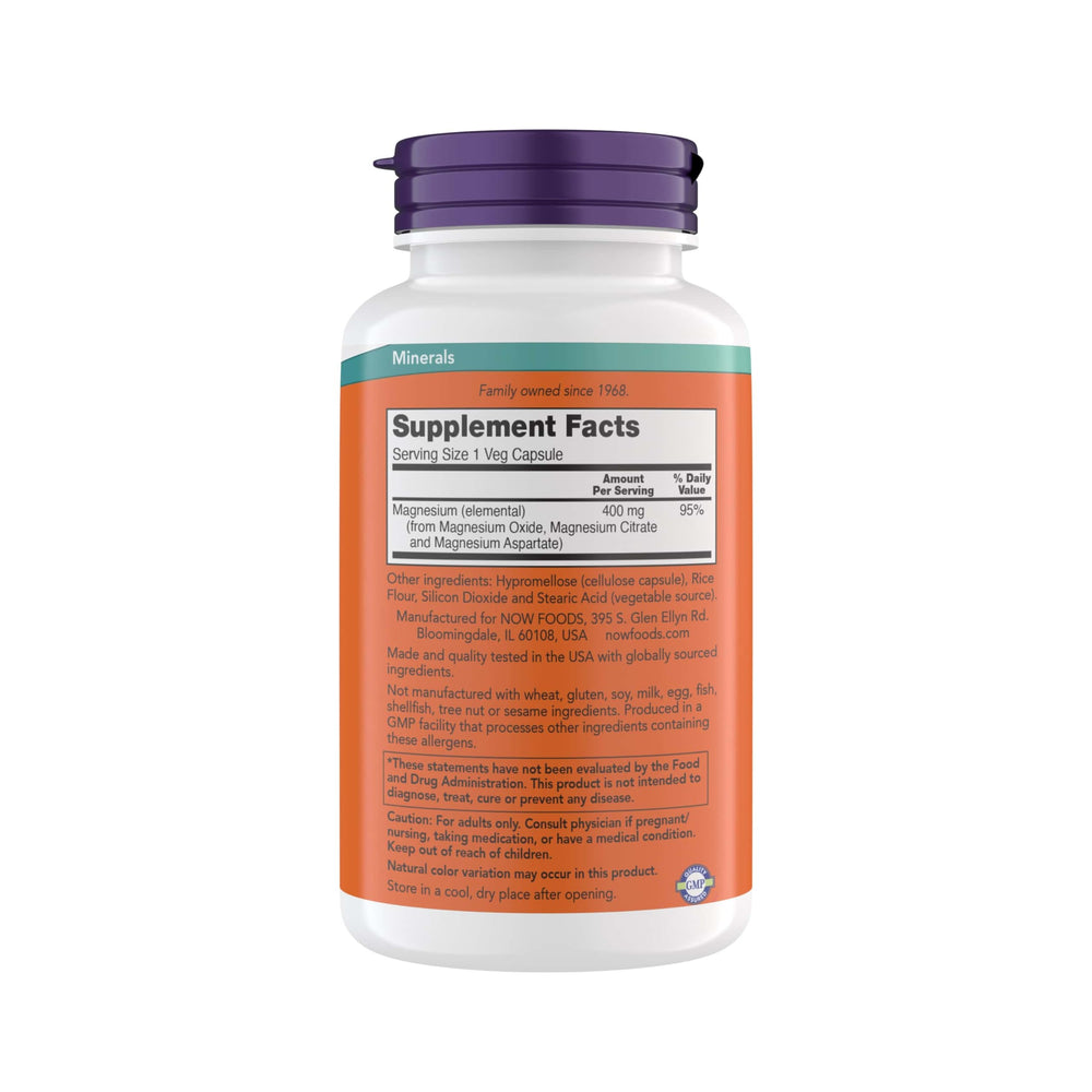 Now Foods magnesium 400 mg capsules closeup highlighting vegan capsules and enzyme support
