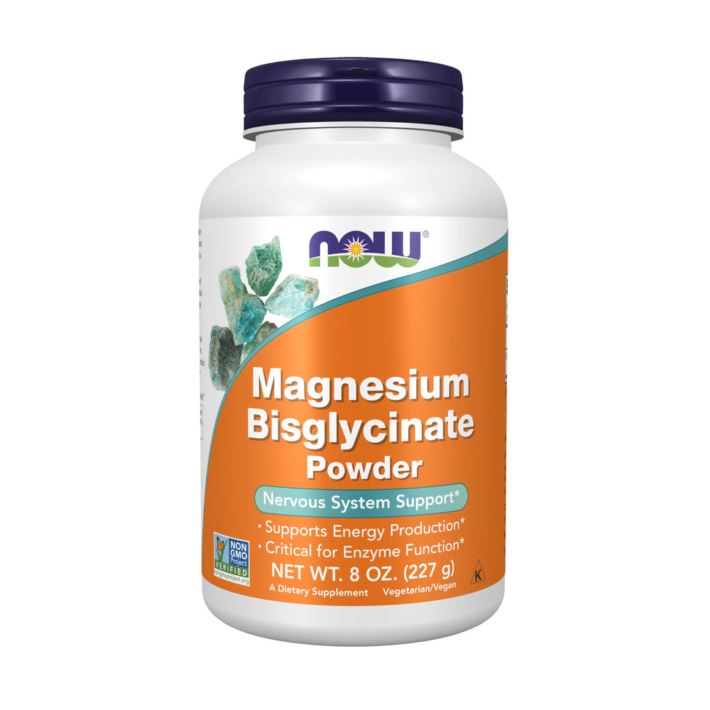 NOW Foods Magnesium Bisglycinate Powder bottle; convenient daily use.