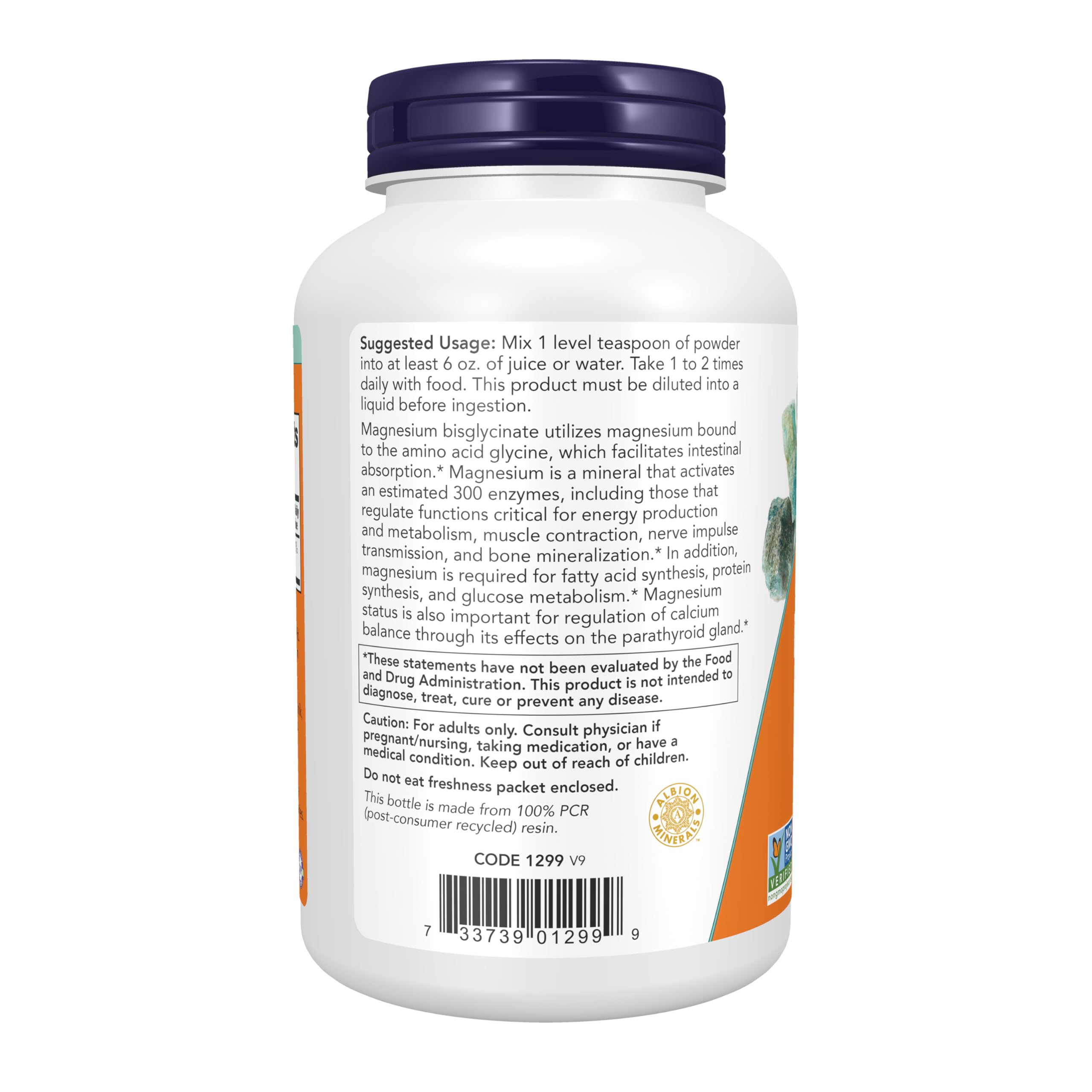 Glass of juice with NOW Foods Magnesium Bisglycinate Powder dissolved.