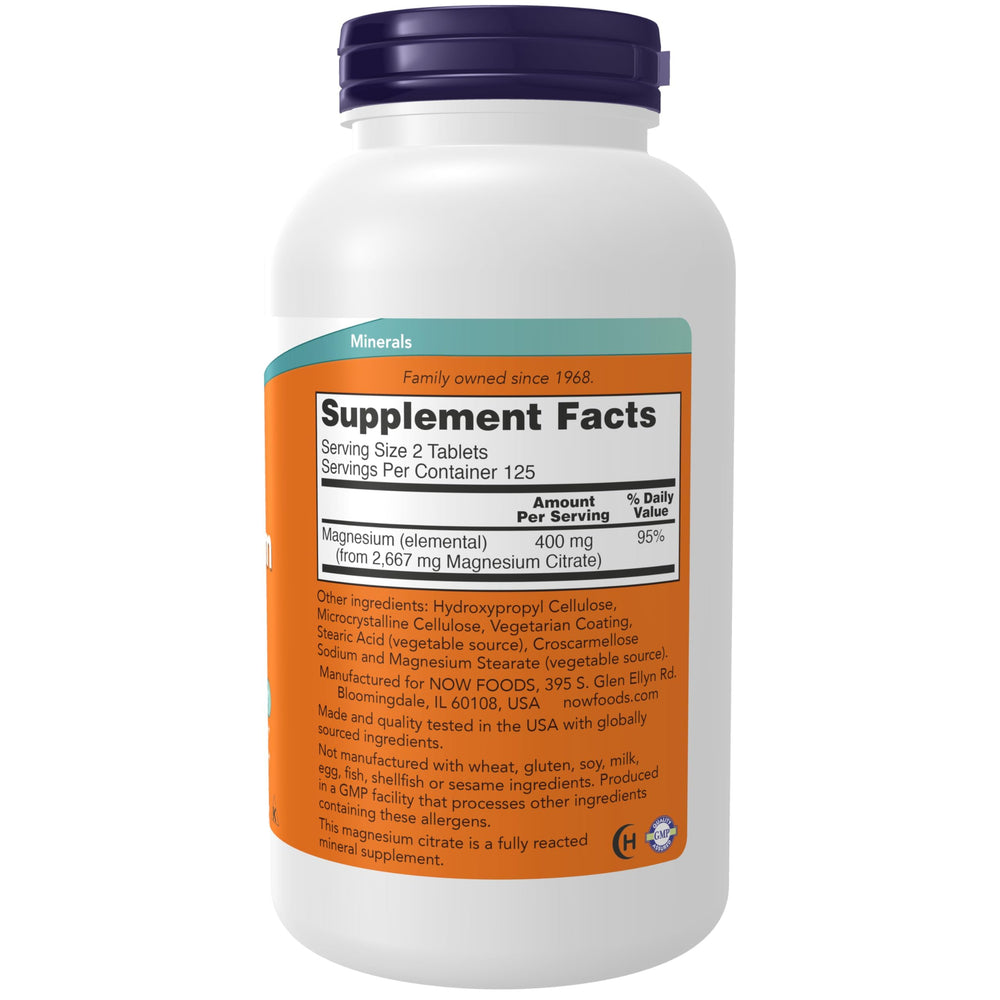 NOW Foods Magnesium Citrate tablets close-up highlighting compact daily dose