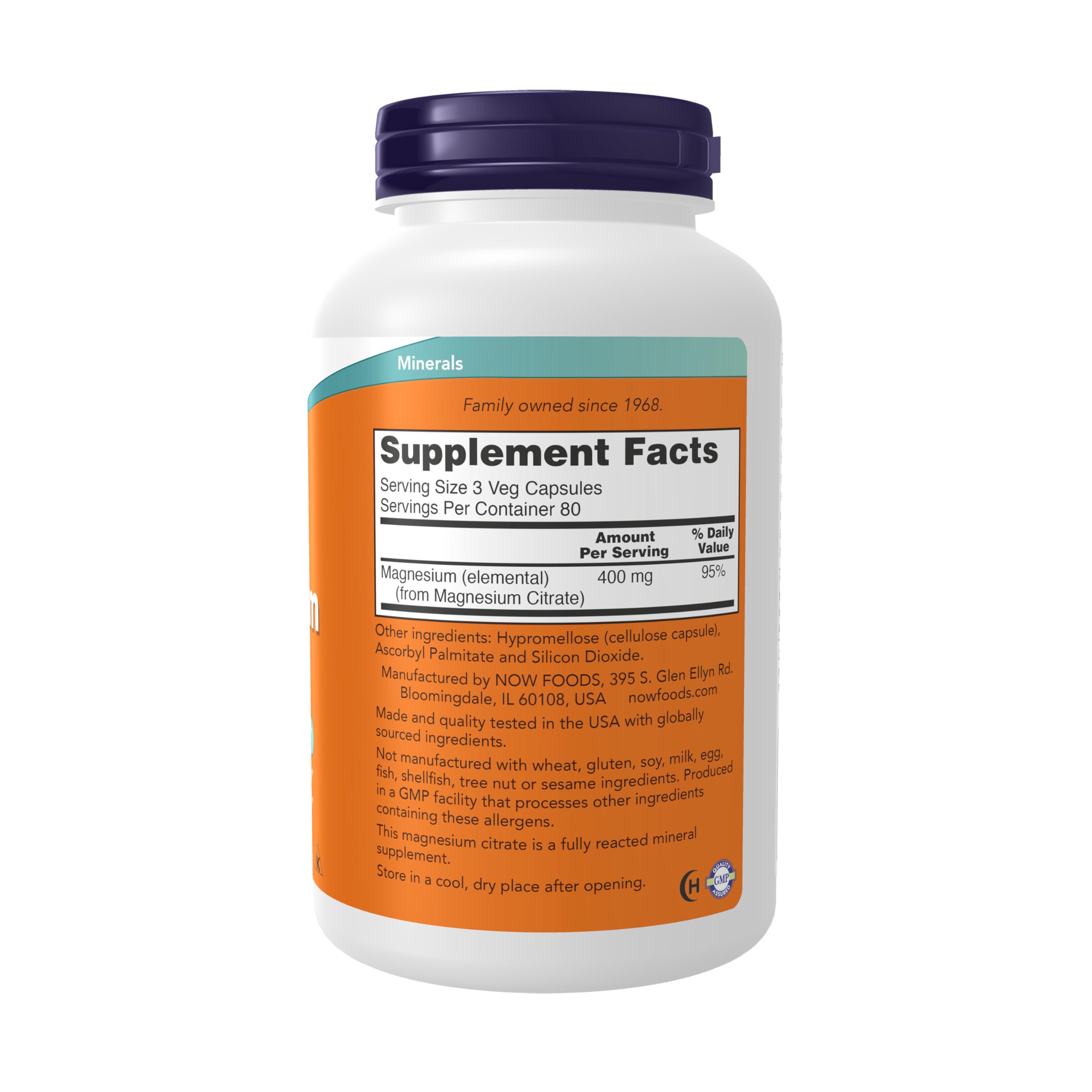 NOW Foods Magnesium Citrate bottle back shows supplement facts and certifications.