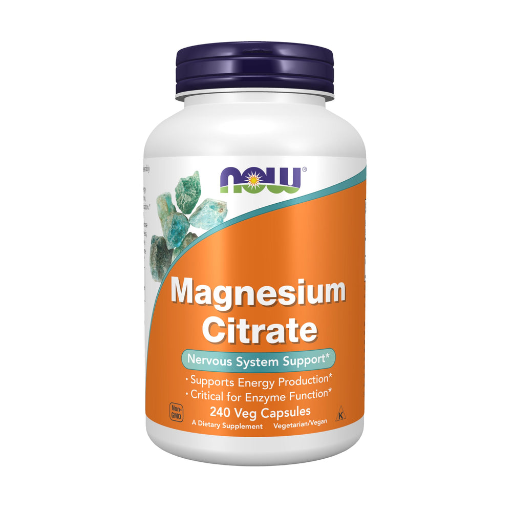 NOW Foods Magnesium Citrate bottle front highlights energy support and enzyme function.
