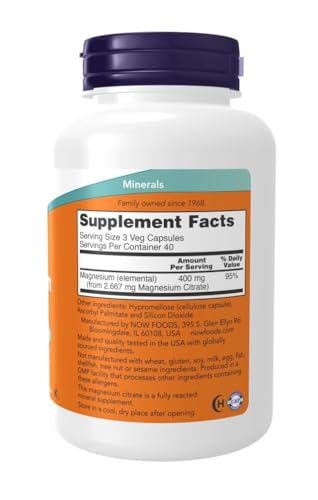 NOW Foods Magnesium Citrate bottle label detail emphasizes enzyme cofactors.
