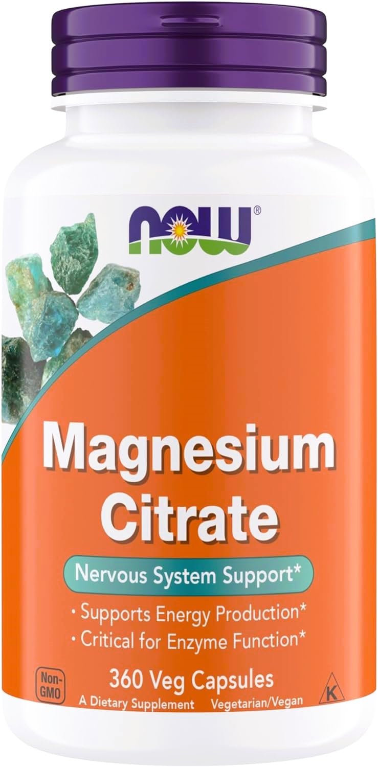 NOW Foods Magnesium Citrate bottle with capsules supports energy and nerve function.