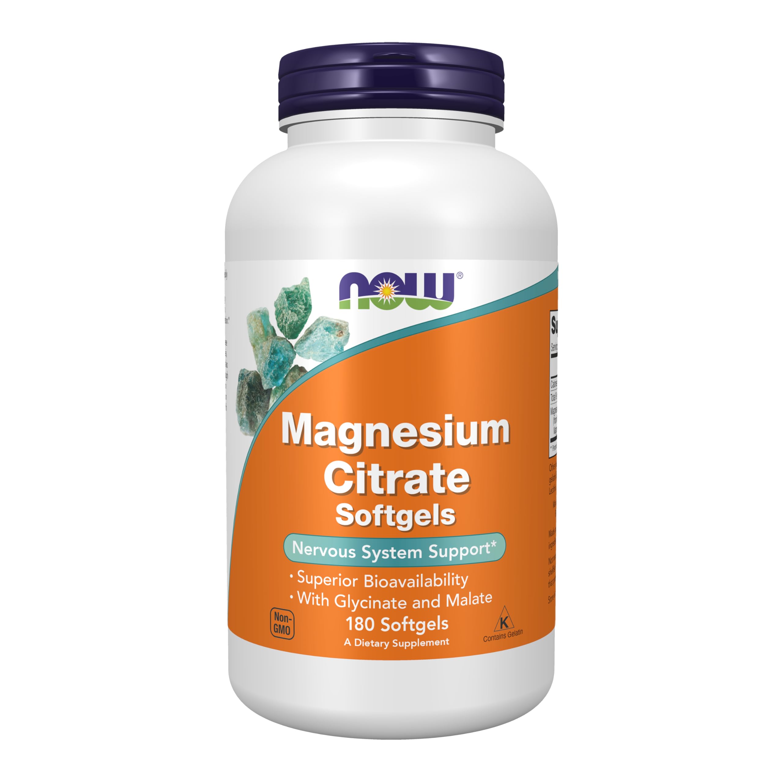 NOW Foods magnesium citrate softgels bottle for daily nervous system support