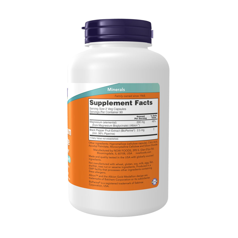 NOW Foods Magnesium Glycinate capsules ready for daily intake with meals.