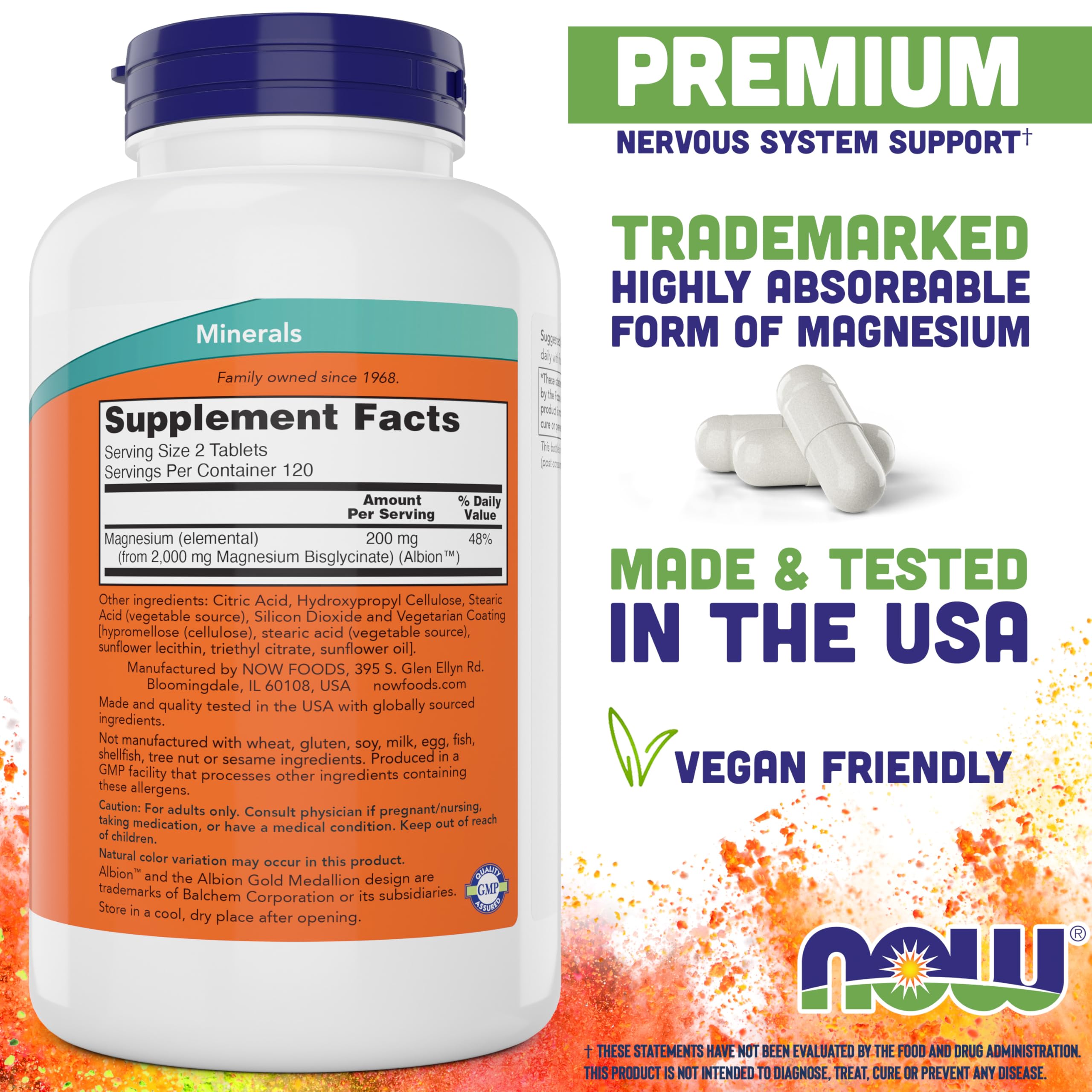 NOW Foods Magnesium Glycinate bottle open with tablets ready, convenient daily supplementation.