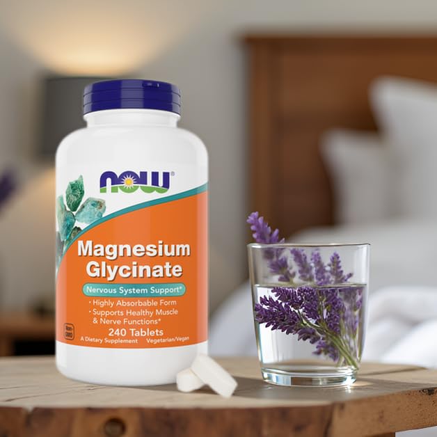 NOW Foods Magnesium Glycinate packaging nutrition panel for balanced daily support.
