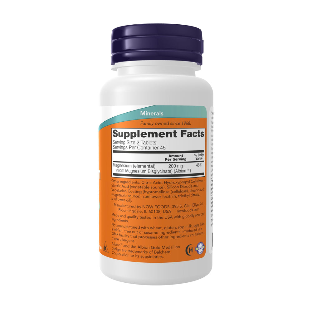 NOW Foods magnesium glycinate tablets close-up showing convenient, easy-to-swallow capsules.