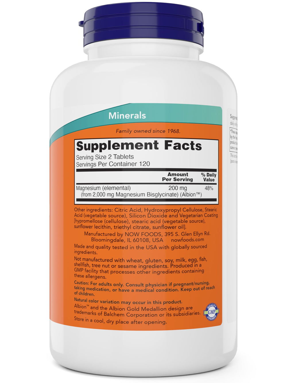 NOW Foods Magnesium Glycinate tablets pouring from bottle, emphasizing daily intake.