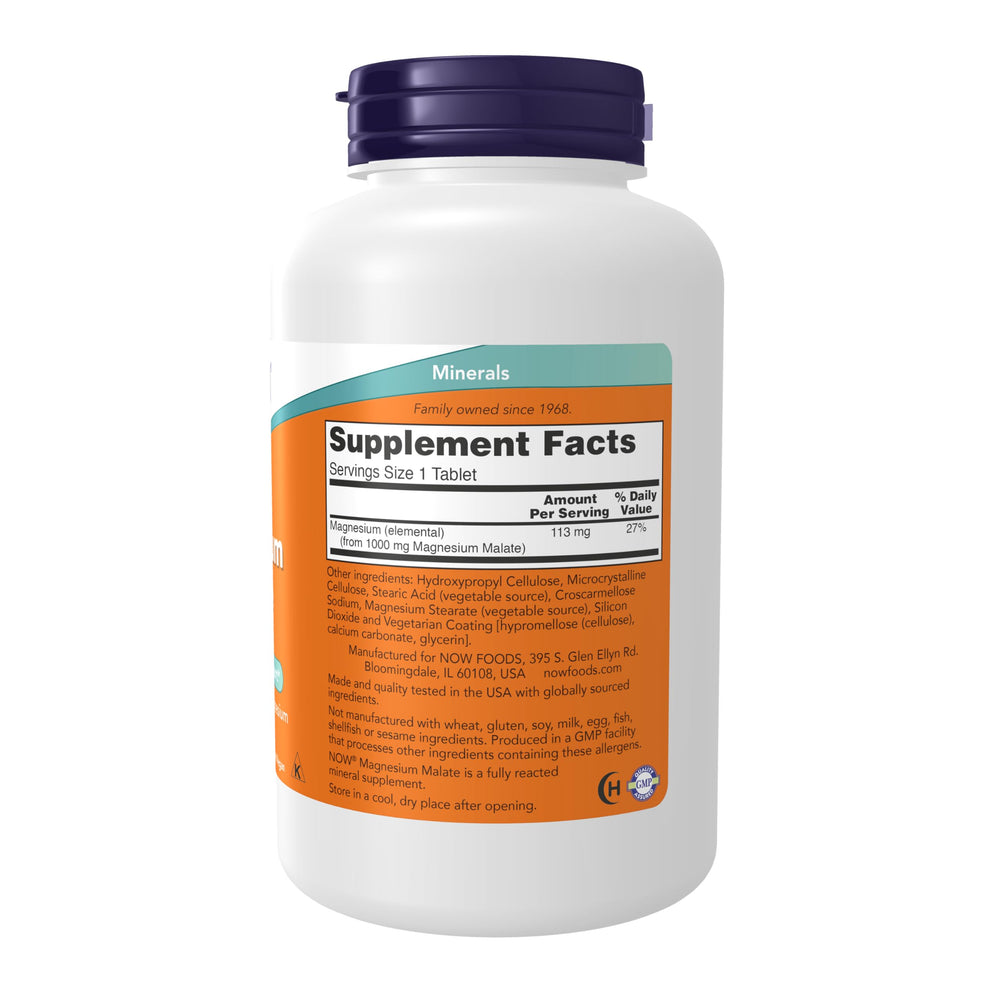 Close-up of NOW Foods Magnesium Malate 1000 mg tablets for daily use
