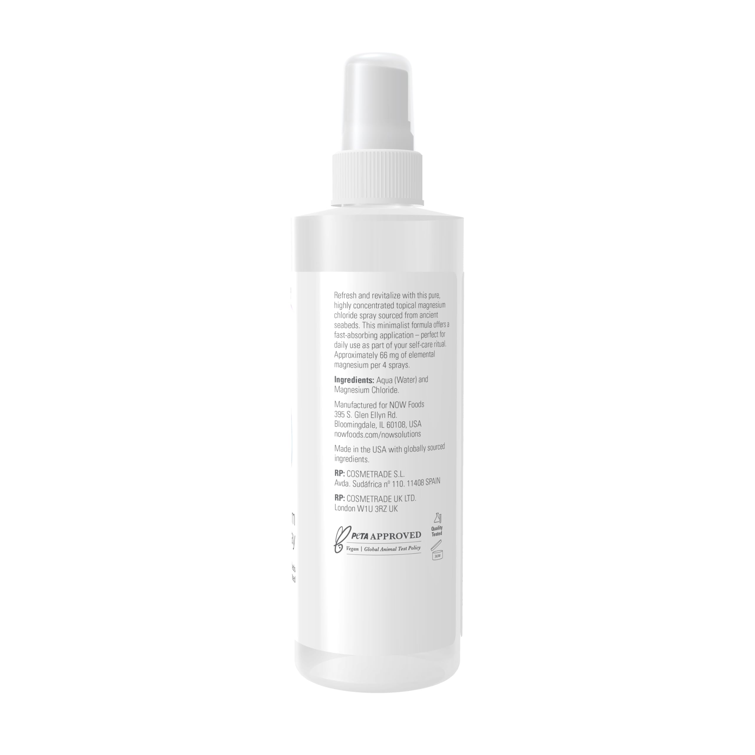 NOW Foods Magnesium Topical Spray in hand applying to skin for hydration.