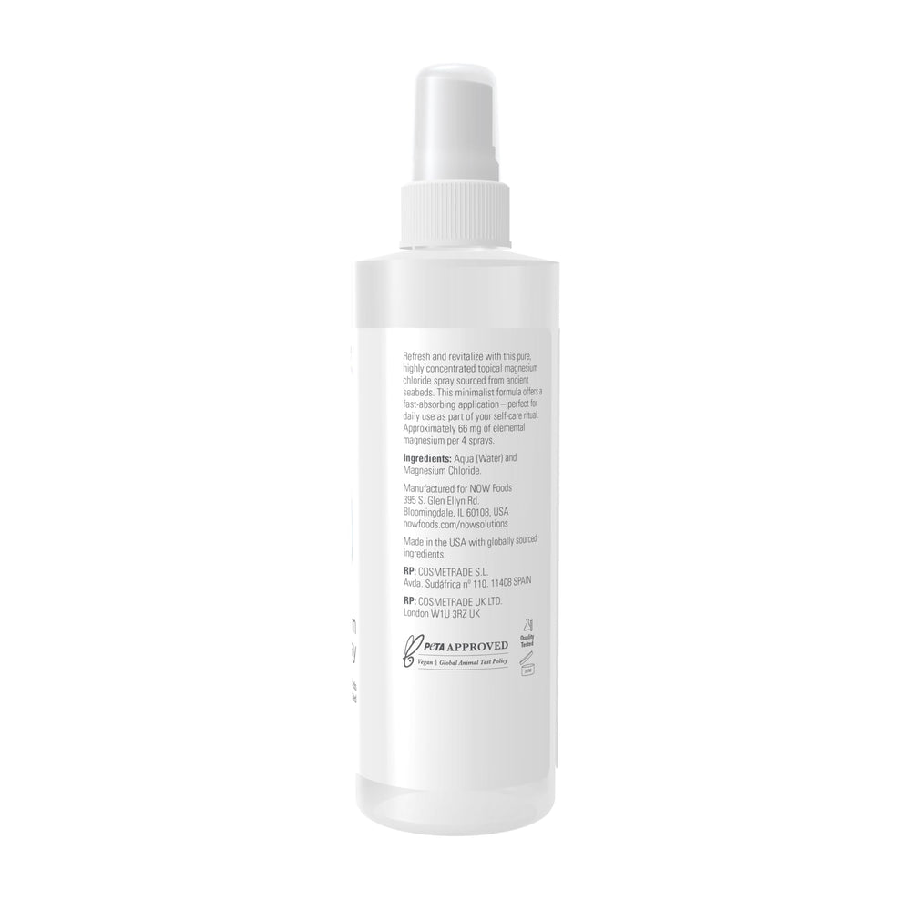 NOW Foods Magnesium Topical Spray in hand applying to skin for hydration.
