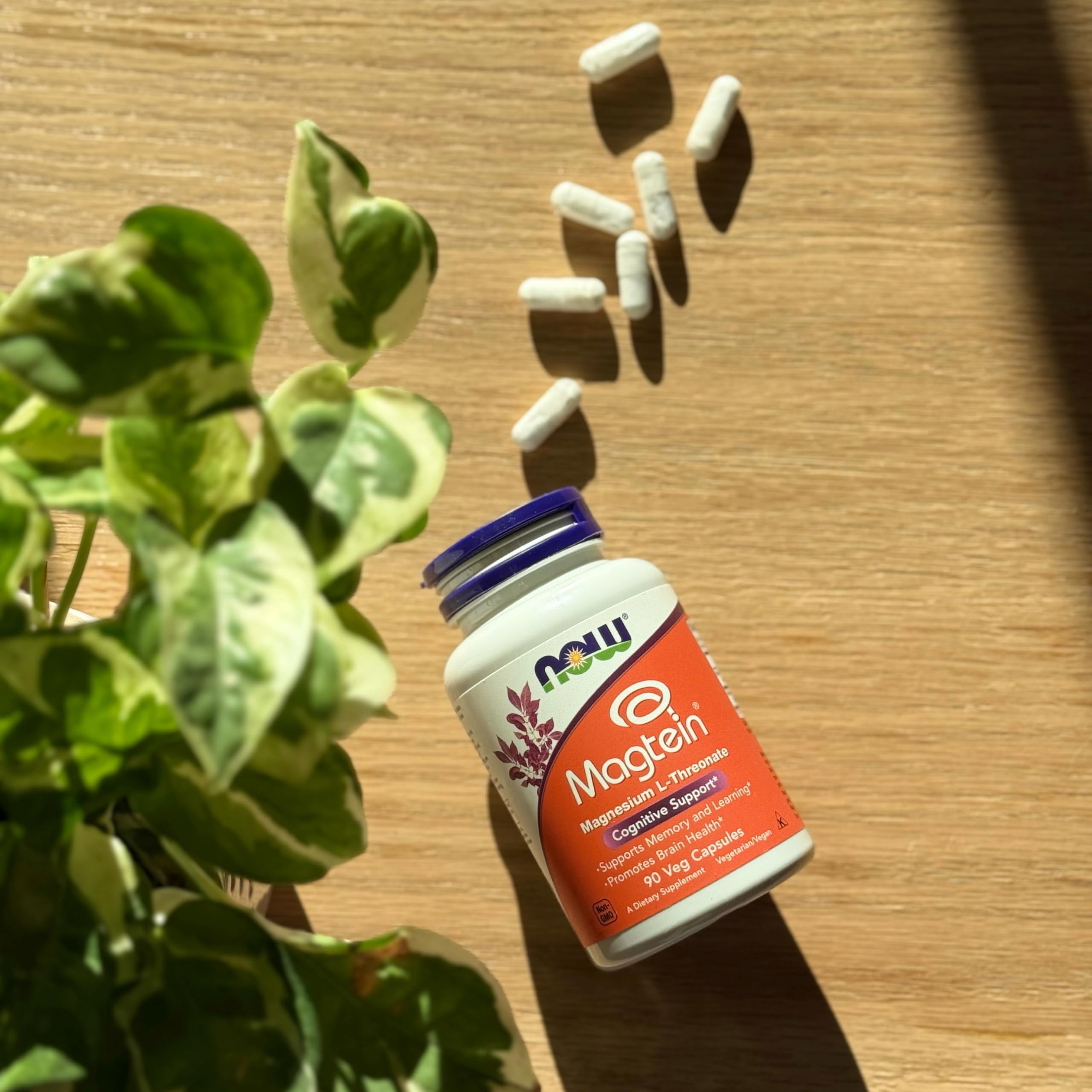 NOW Foods Magtein bedtime dose on nightstand for a calm evening routine.