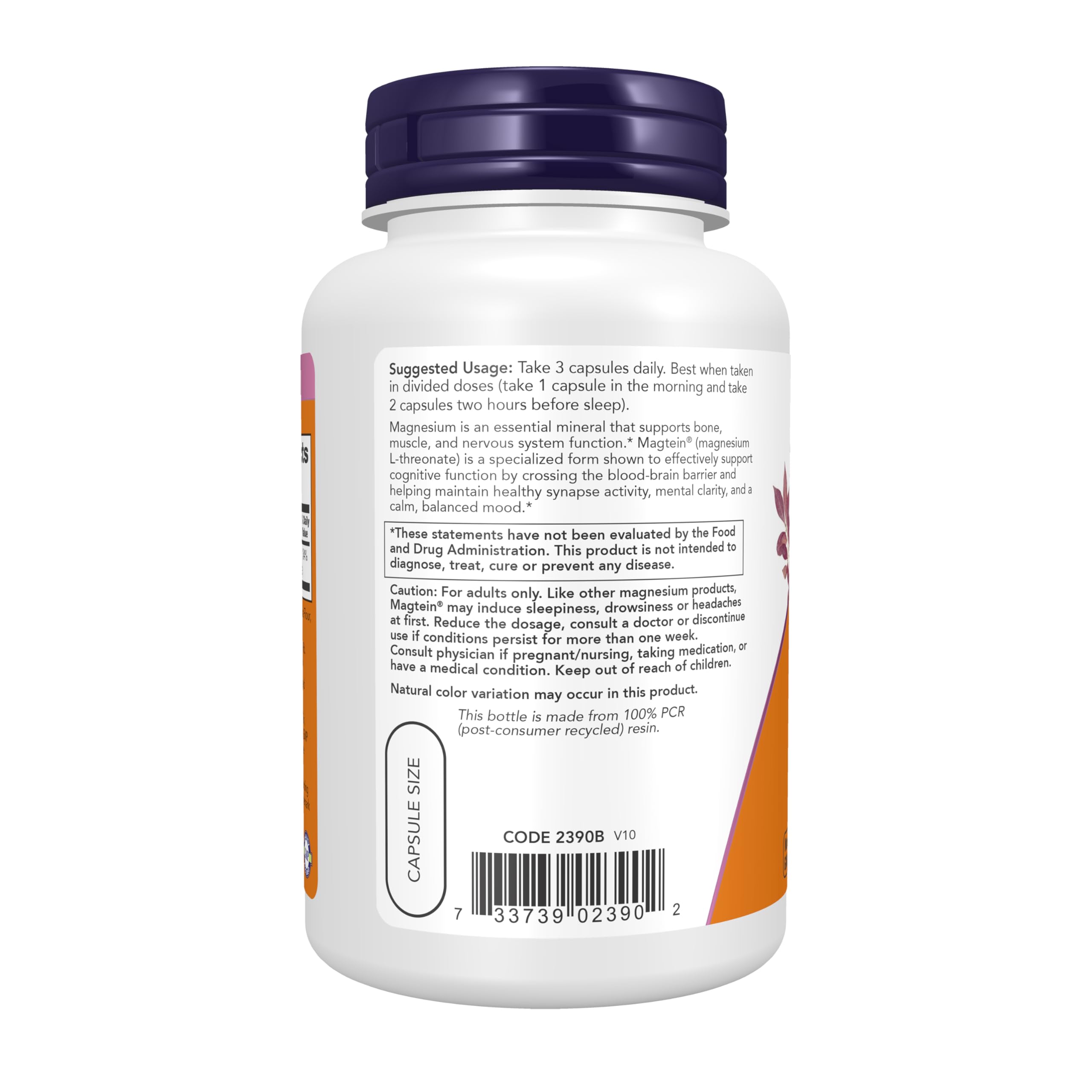 NOW Foods Magtein label close-up highlights patented magnesium L-threonate form.