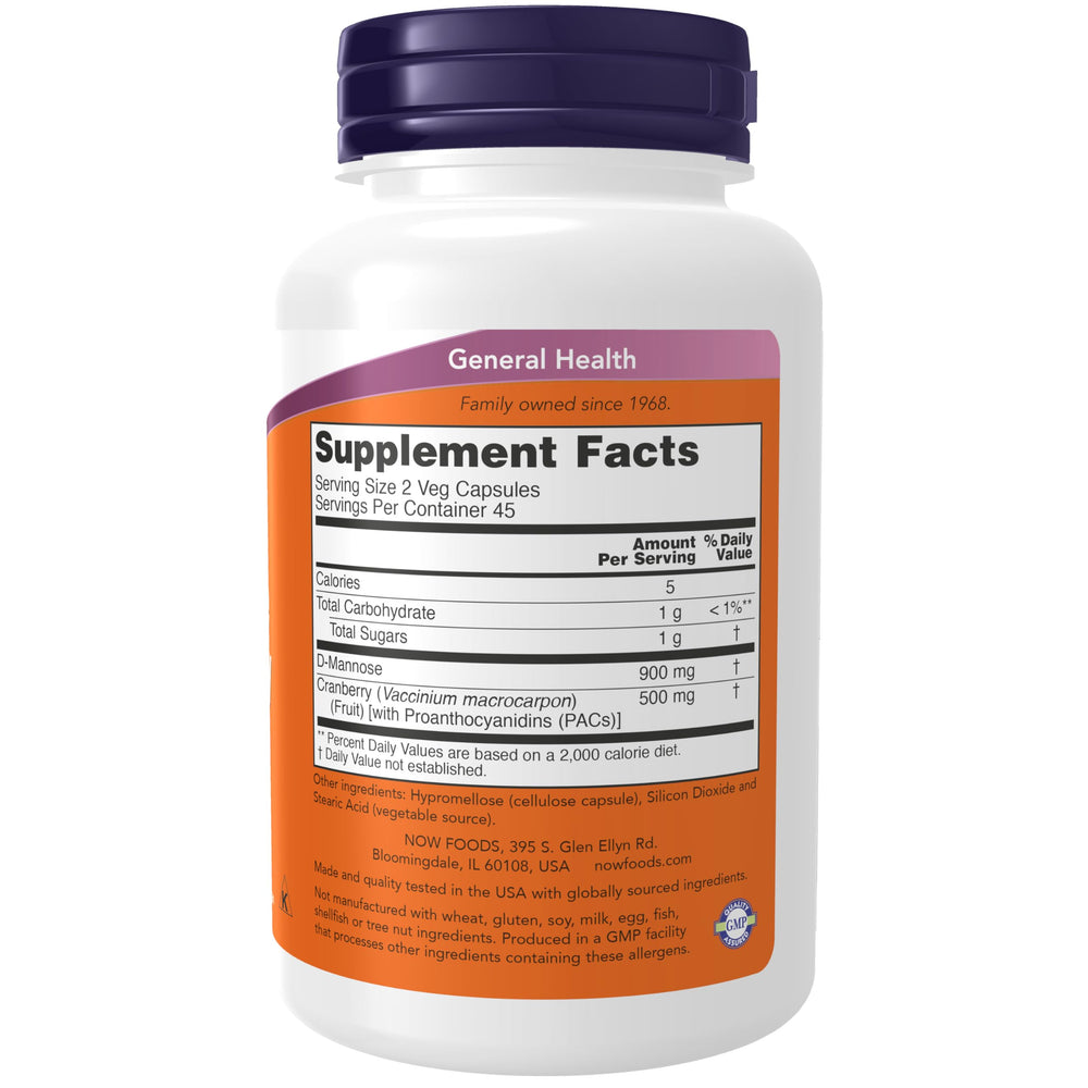 NOW Foods Mannose Cranberry capsules close-up for daily urinary support