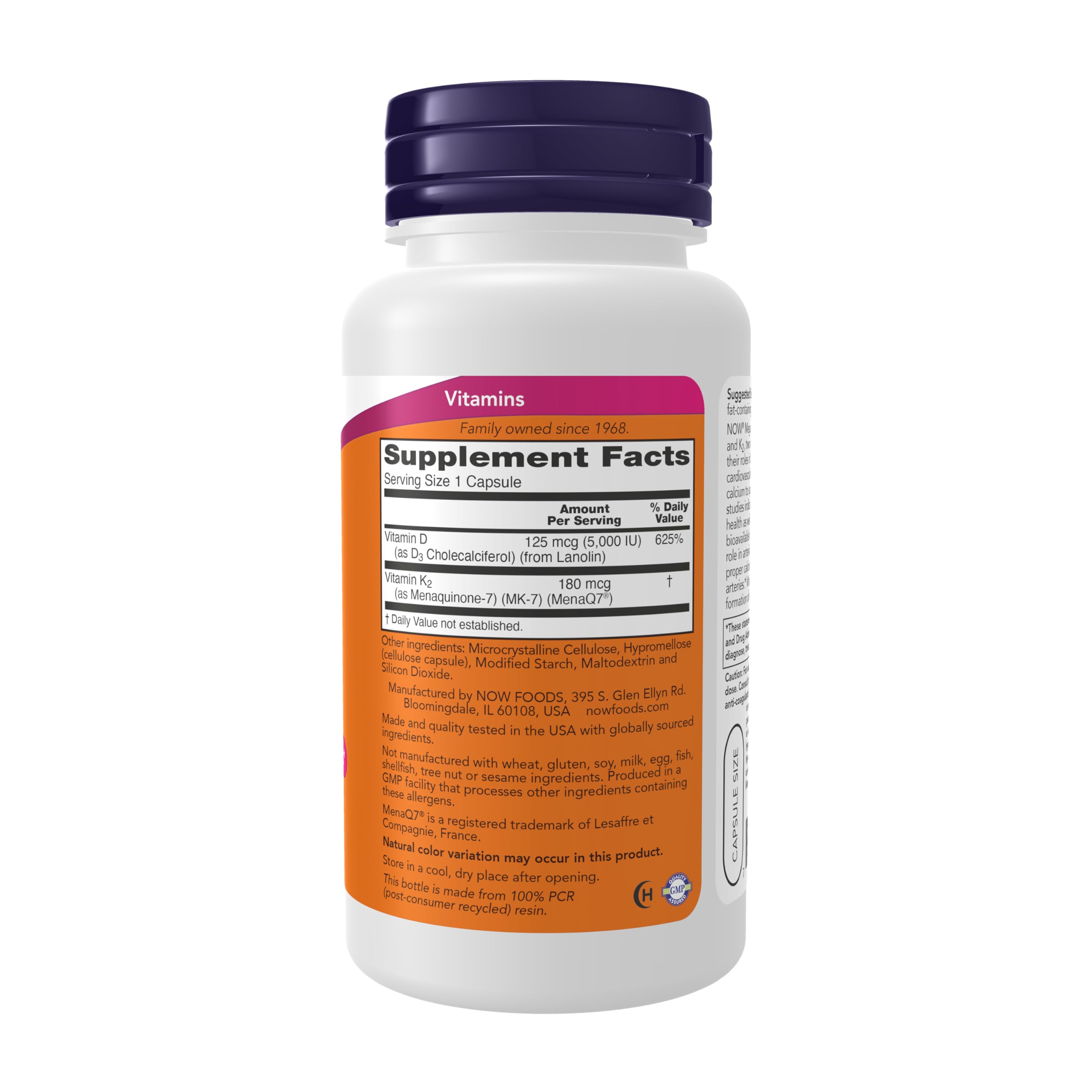 NOW Foods Mega D-3 MK-7 label close-up emphasizing D3 and K2 potency