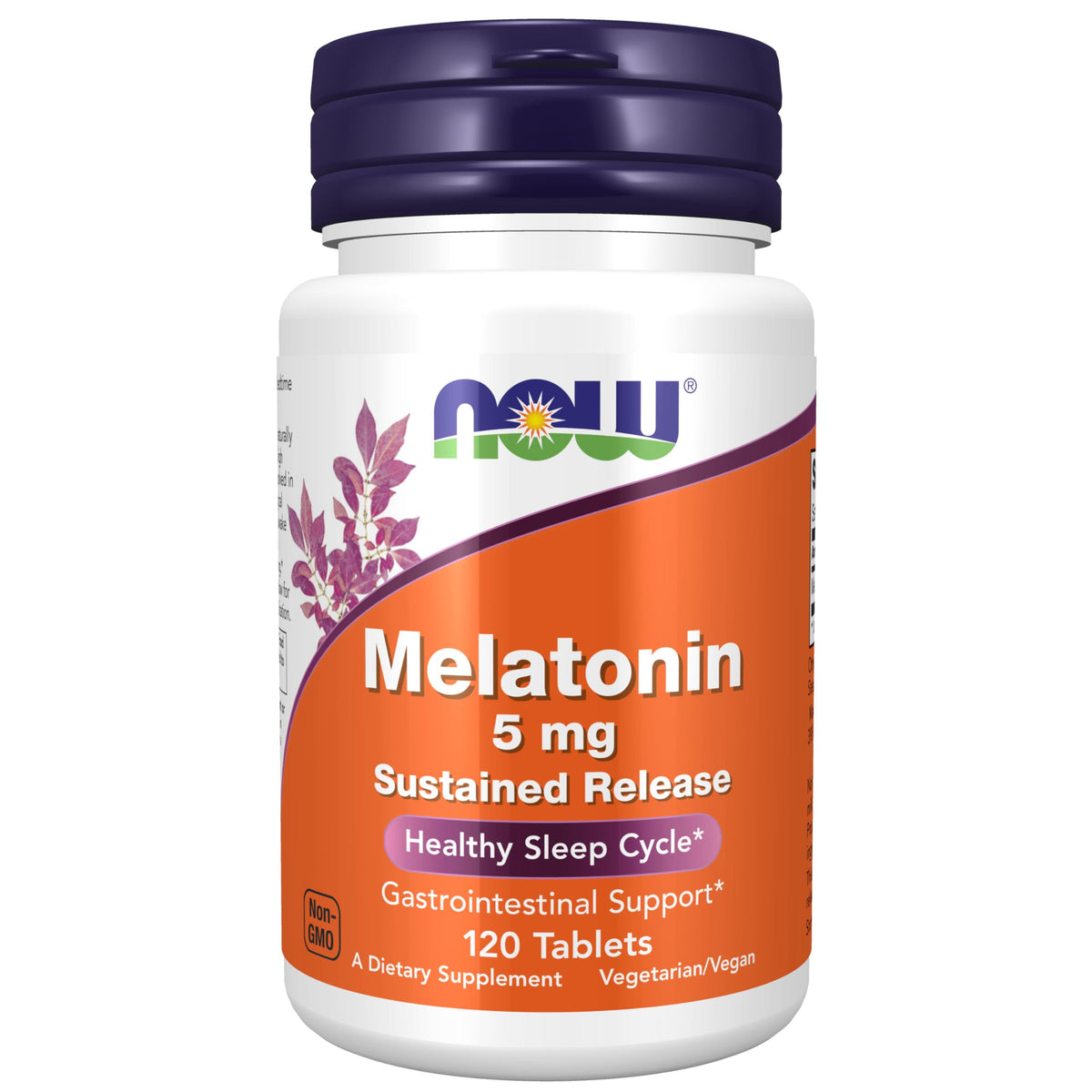 NOW Foods Melatonin 5 mg sustained-release bottle for a steady night routine.