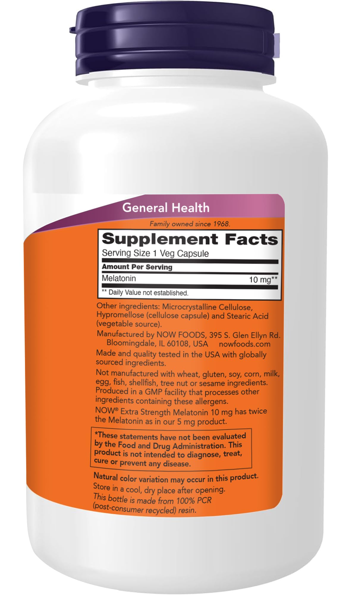 NOW Foods melatonin bottle front showing vegan and non-GMO features