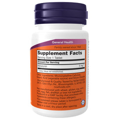 Closeup of NOW Foods Melatonin tablet showing smooth, extended-release form.