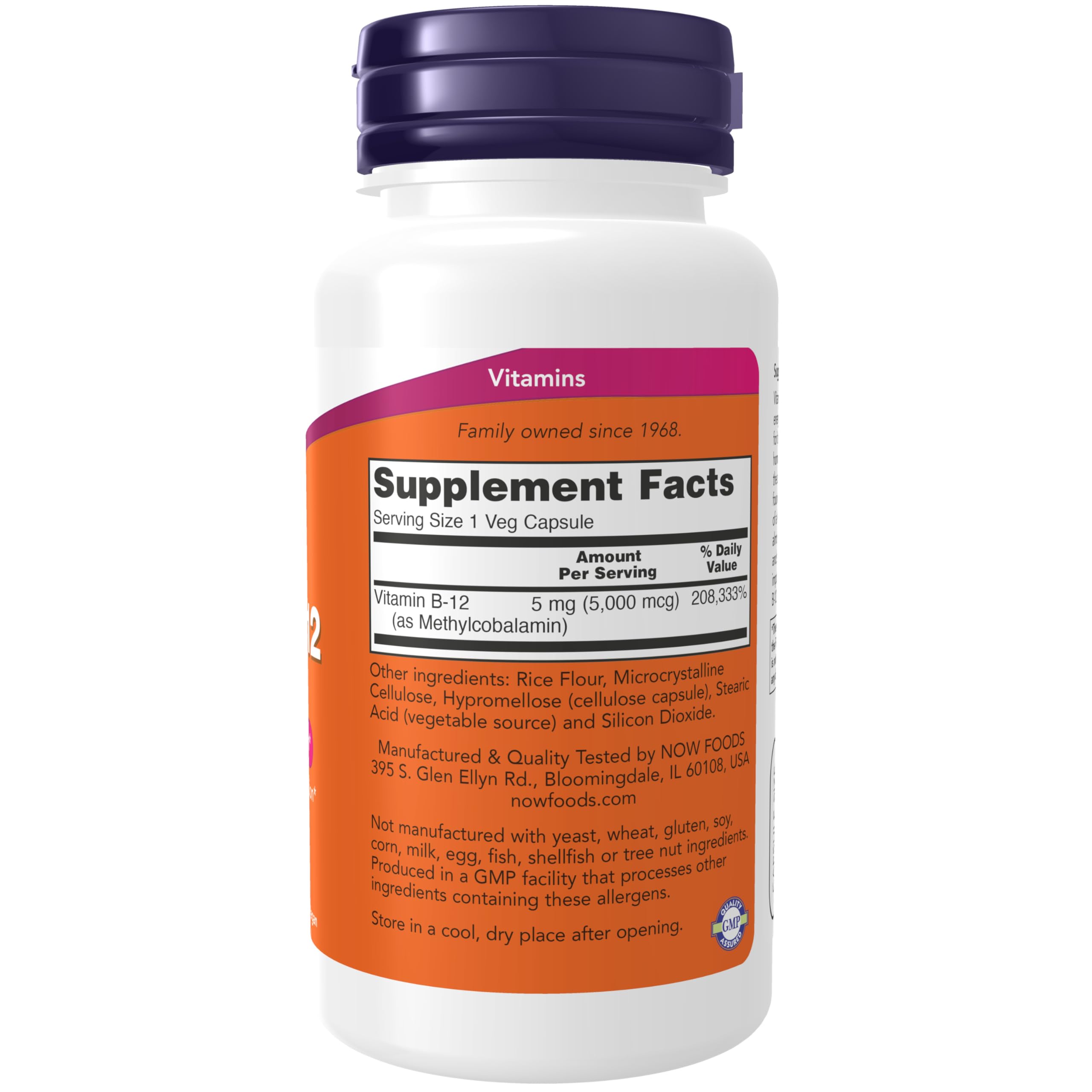 NOW Foods Methyl B-12 5000mcg capsules closeup, vegan-friendly
