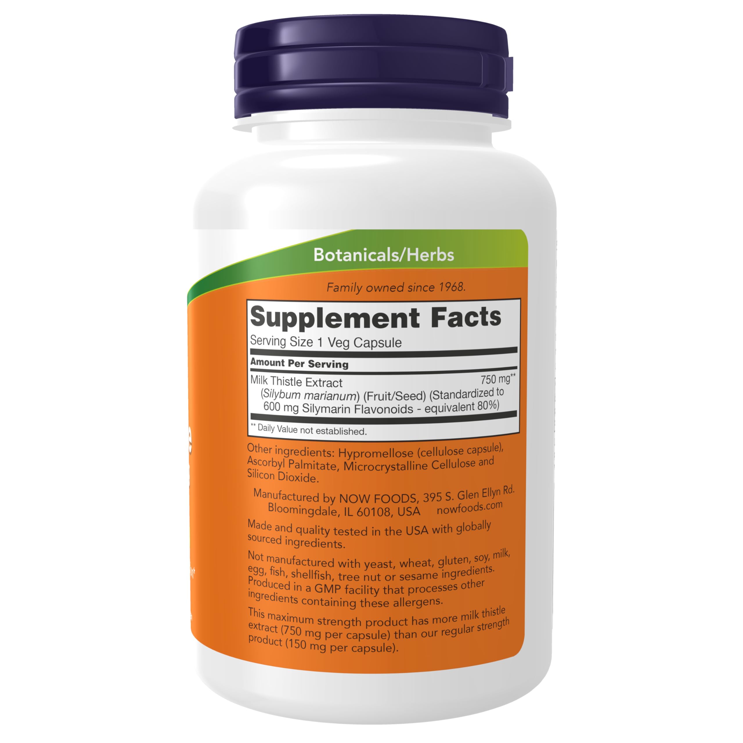 NOW Foods Milk Thistle capsules showing maximum strength formula.