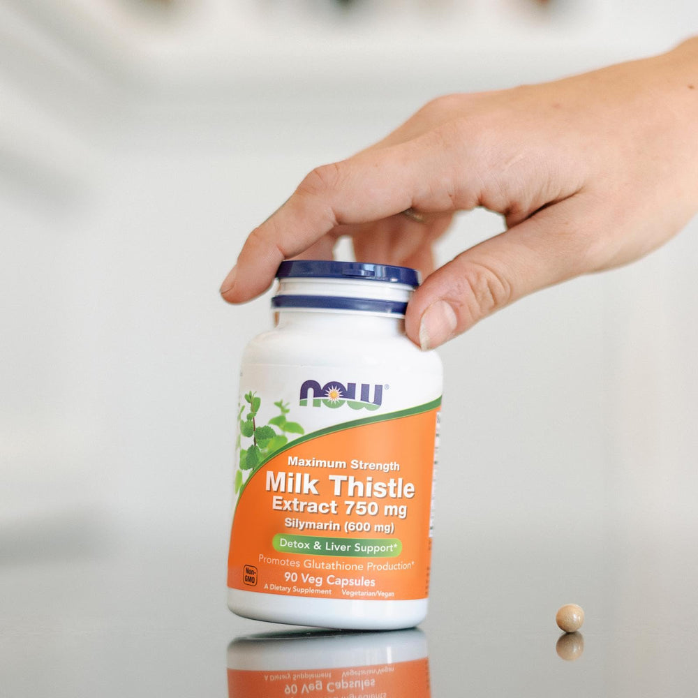 NOW Foods milk thistle ingredient and supplement facts icons.