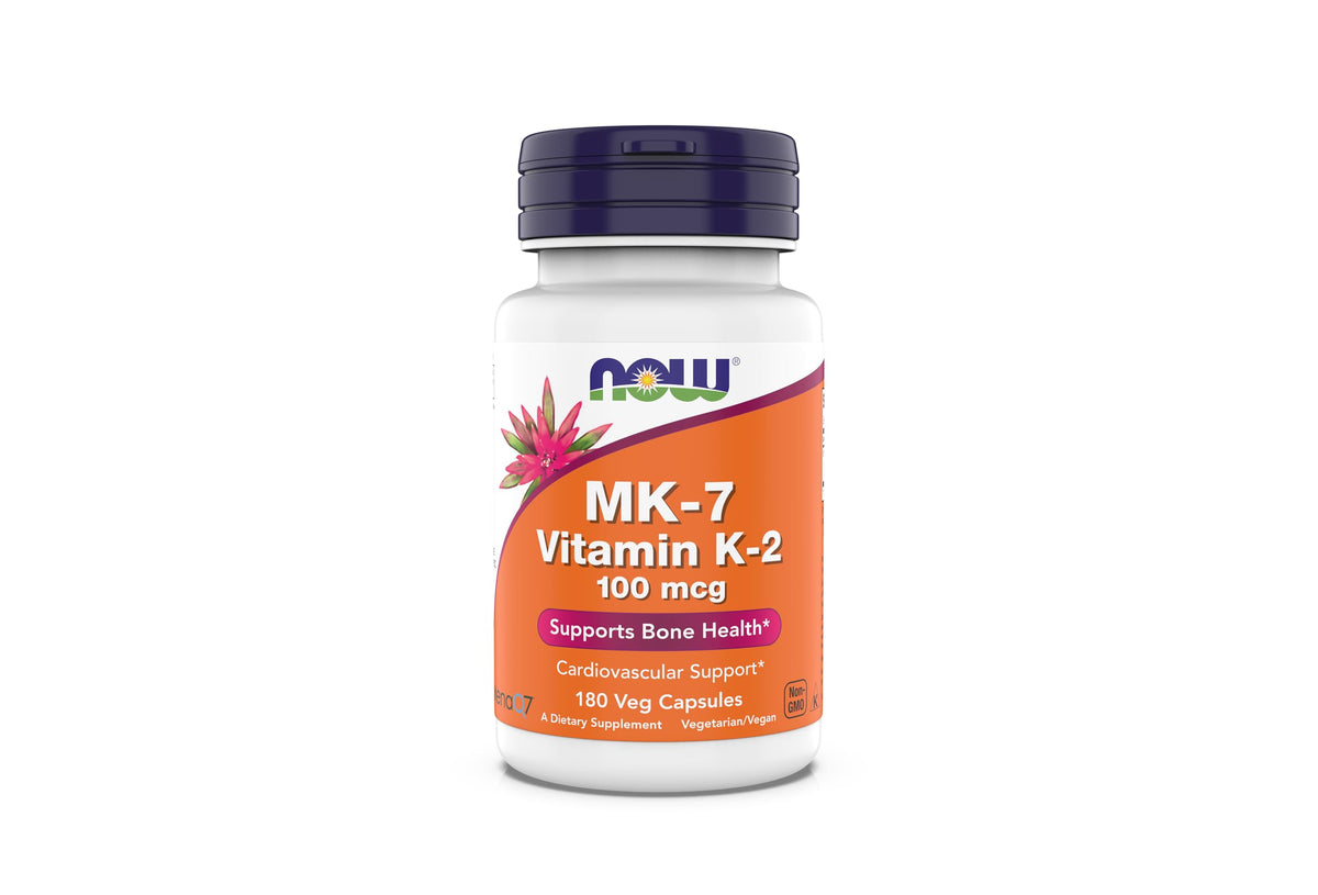 NOW Foods MK-7 bottle label shows bone health and cardiovascular support